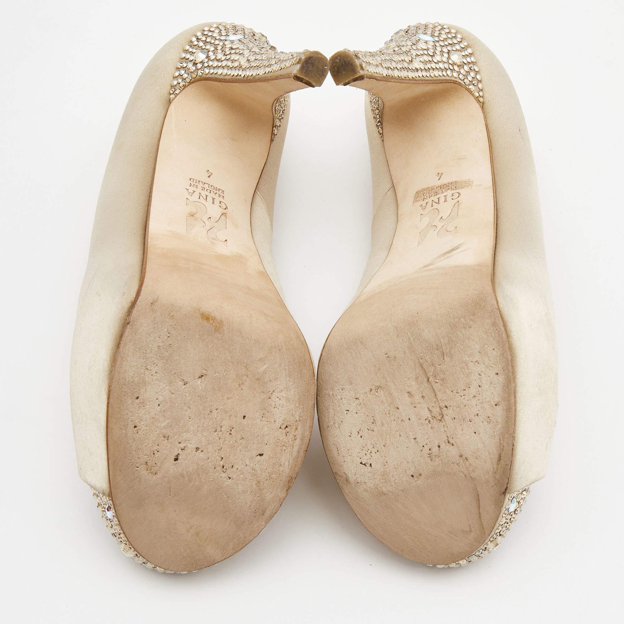 Gina Beige Satin Crystal Embellished Heel Peep Toe Platform Pumps Taglia 37 2