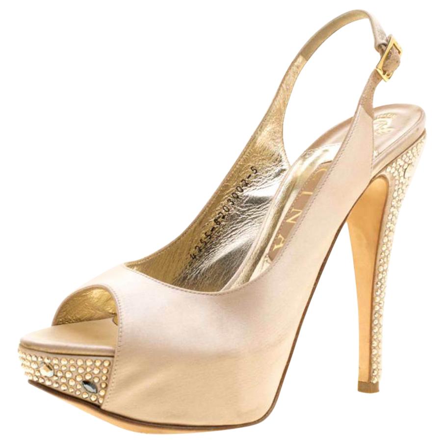 Gina Beige Satin Crystal Embellished Heel Peep Toe Slingback Sandals Size 38