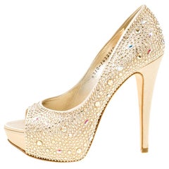 Gina Beige Satin Crystal Embellished Peep Toe Platform Pumps Size 37