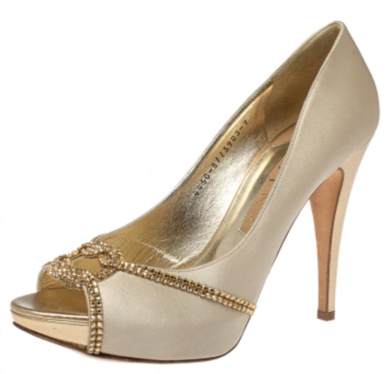 Women's Gina Beige Satin Crystal Embellished Peep Toe Pumps Size 40 For Sale