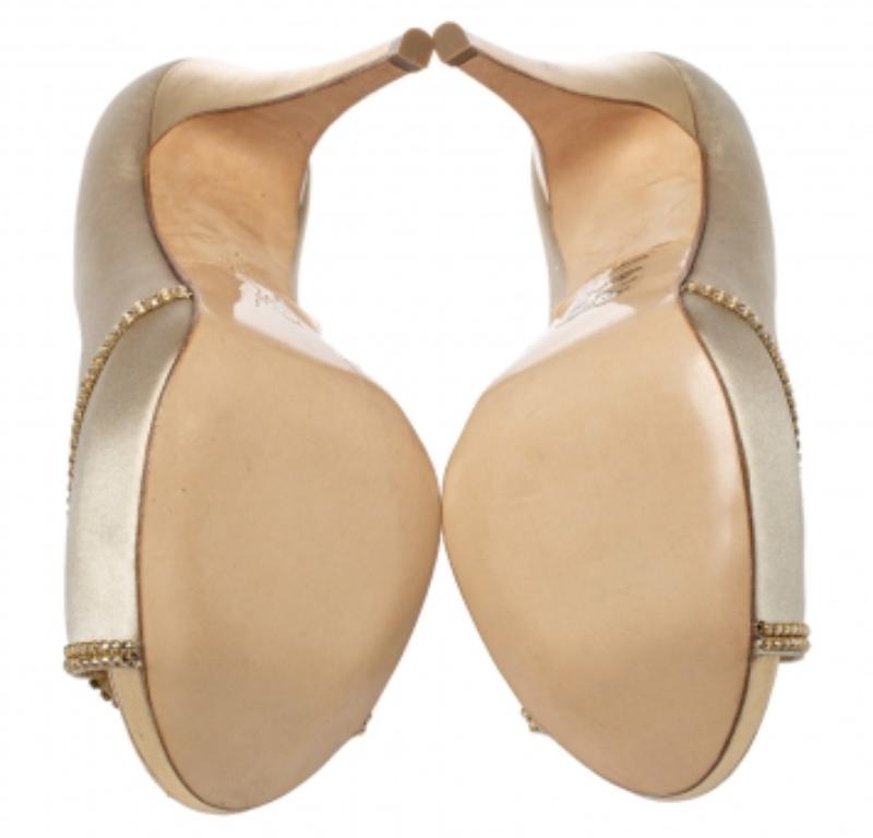 Gina Beige Satin Crystal Embellished Peep Toe Pumps Size 40 For Sale 3