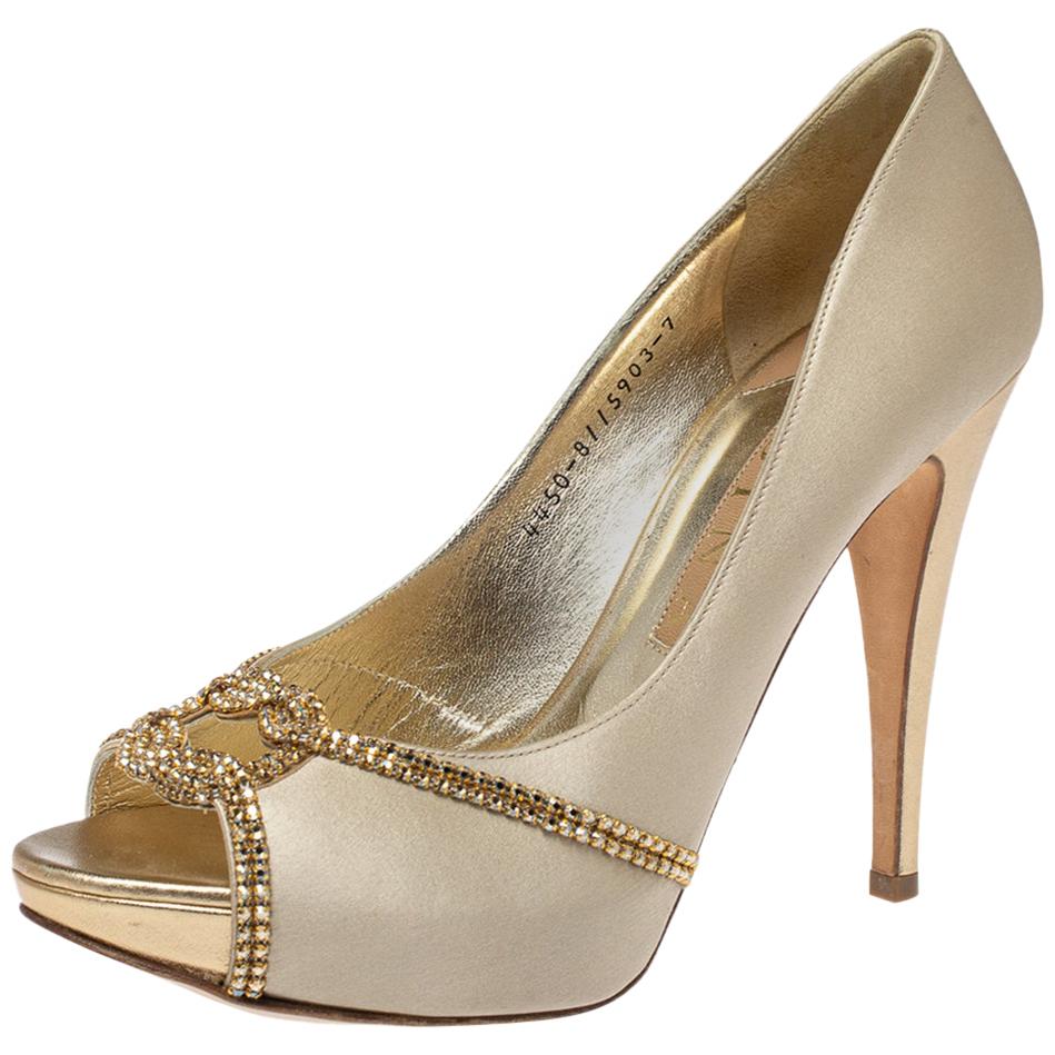 Gina Beige Satin Crystal Embellished Peep Toe Platform Pumps Size 37 ...