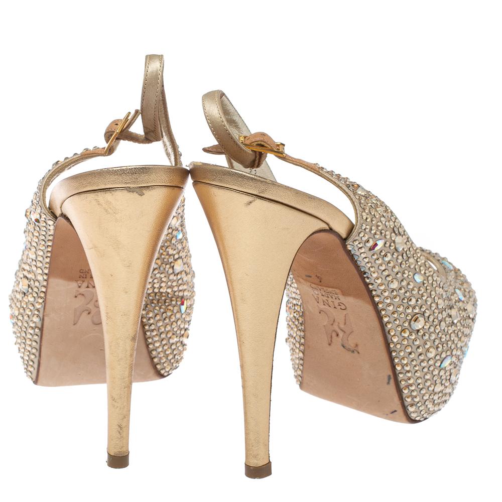 Gina Beige Satin Crystal Embellished Platform Peep Toe Slingback Sandals Size 37 In Good Condition In Dubai, Al Qouz 2