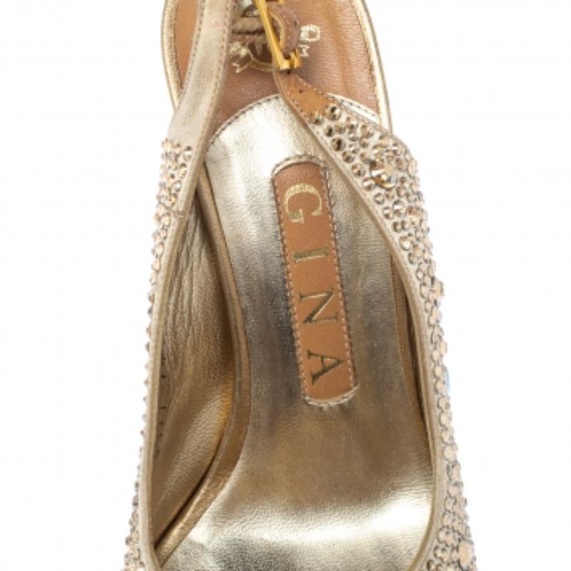 Gina Beige Satin Crystal Embellished Platform Peep Toe Slingback Sandals Size 37 For Sale 1