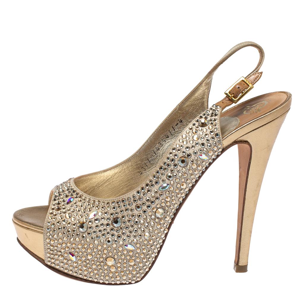 Gina Beige Satin Crystal Embellished Platform Peep Toe Slingback Sandals Size 37 1