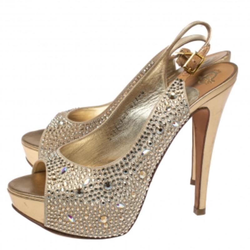 Gina Beige Satin Crystal Embellished Platform Peep Toe Slingback Sandals Size 37 For Sale 2