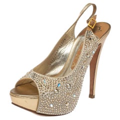 Gina Beige Satin Crystal Embellished Platform Peep Toe Slingback Sandals Size 37