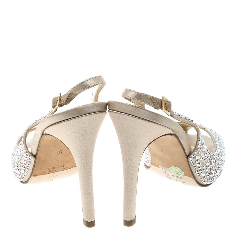 Gina Beige Satin Crystal Embellished Slingback Sandals Size 38 In New Condition In Dubai, Al Qouz 2