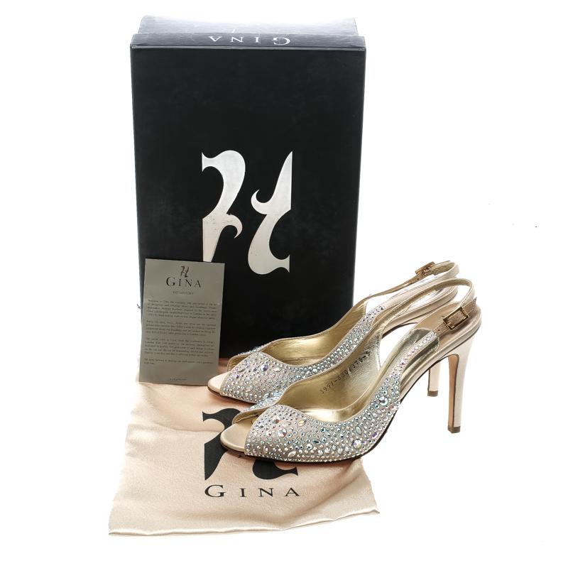 Women's Gina Beige Satin Crystal Embellished Slingback Sandals Size 38