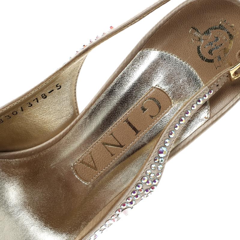 Gina Beige Satin Crystal Embellished Slingback Sandals Size 38 1