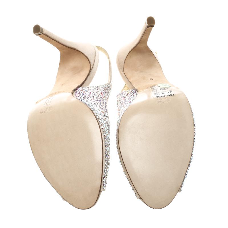 Gina Beige Satin Crystal Embellished Slingback Sandals Size 38 2