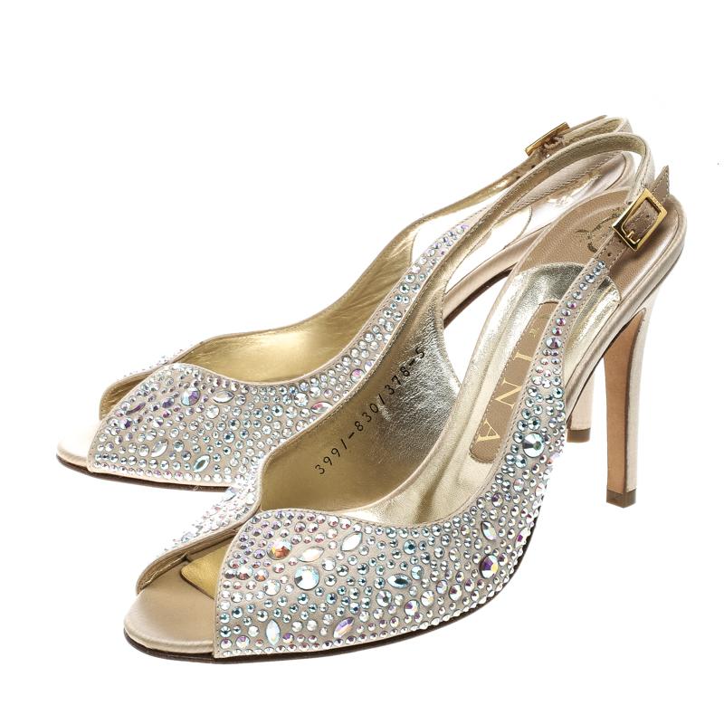 Gina Beige Satin Crystal Embellished Slingback Sandals Size 38 3
