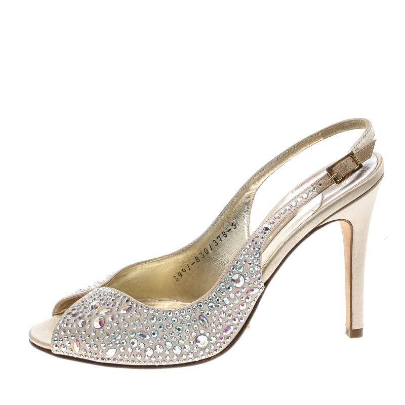 Gina Beige Satin Crystal Embellished Slingback Sandals Size 38