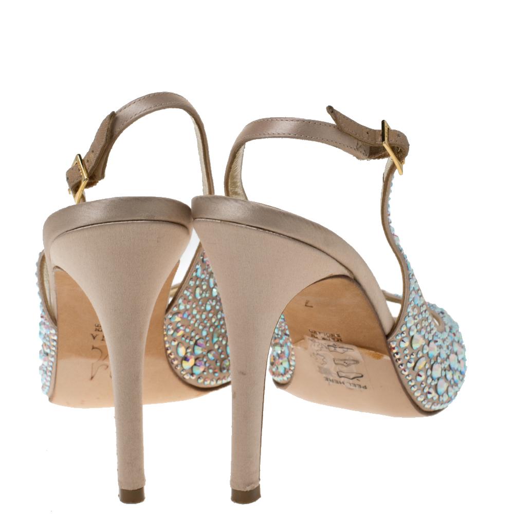Gina Beige Satin Crystal Embellished Slingback Sandals Size 40 In Good Condition In Dubai, Al Qouz 2