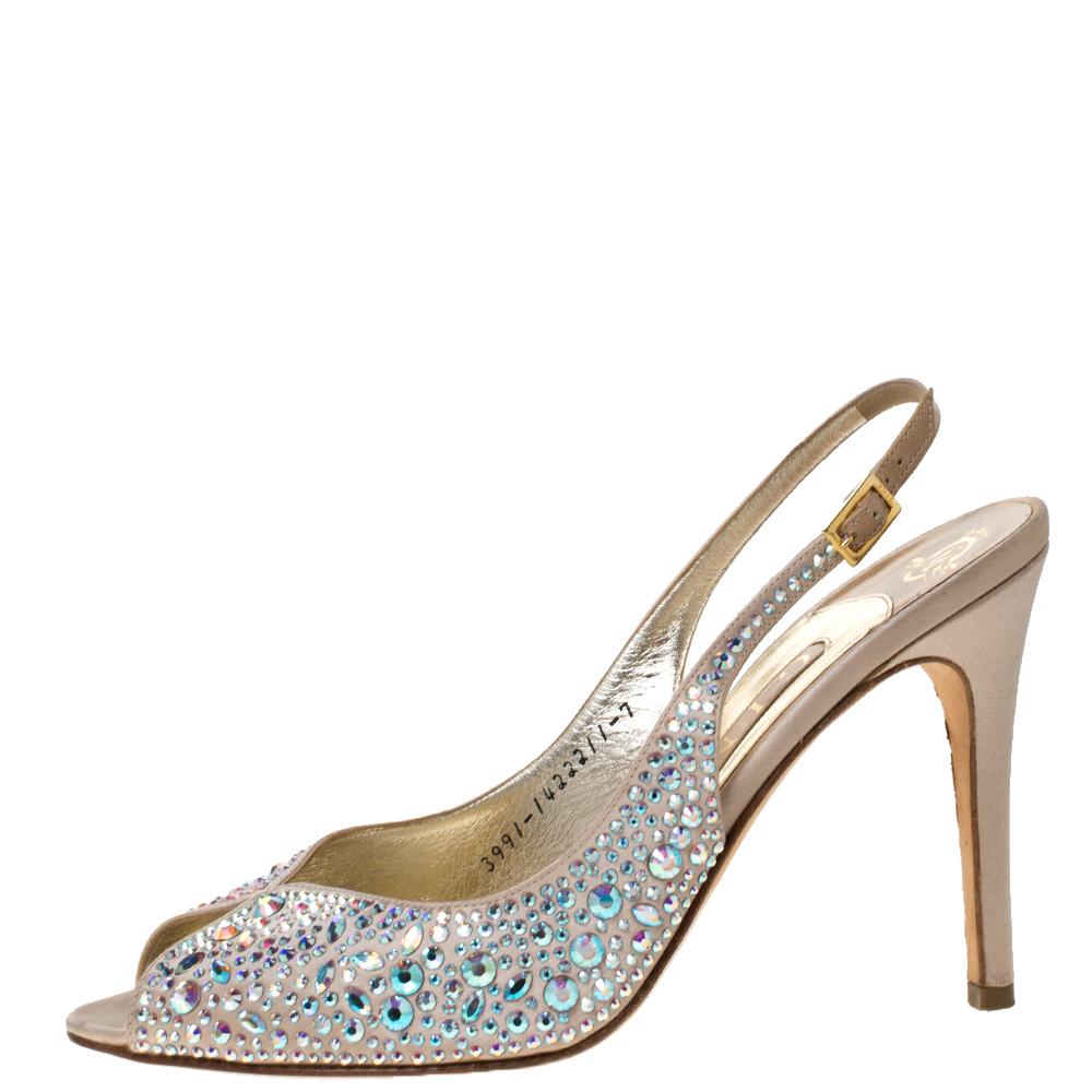 Gina Beige Satin Crystal Embellished Slingback Sandals Size 40 1