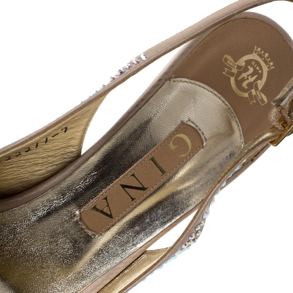 Gina Beige Satin Crystal Embellished Slingback Sandals Size 40 2
