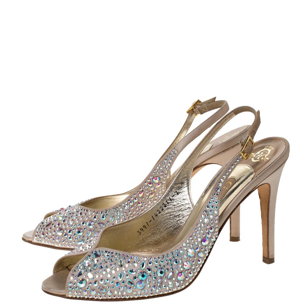 Gina Beige Satin Crystal Embellished Slingback Sandals Size 40 3