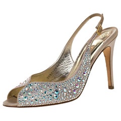 Gina Beige Satin Crystal Embellished Slingback Sandals Size 40