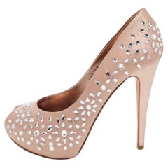 Gina Beige Satin Embellished Peep Toe Platform Pumps Taglia 39.5