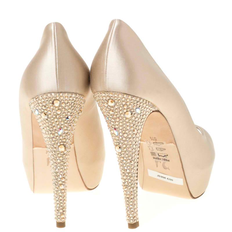 Women's Gina Beige Satin Jenna Crystal Embellished Heel Peep Toe Pumps Size 39.5