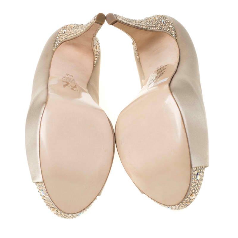 Gina Beige Satin Jenna Crystal Embellished Heel Peep Toe Pumps Size 39.5 1