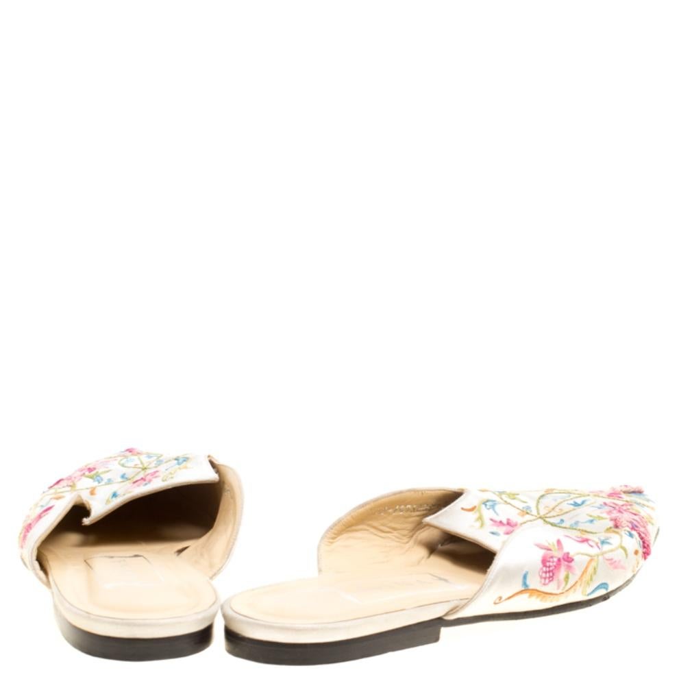 Gina Beige Silk Satin Floral Embroidered Flat Mules Size 39.5 1