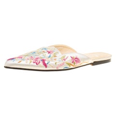 Gina Beige Silk Satin Floral Embroidered Flat Mules Size 39.5