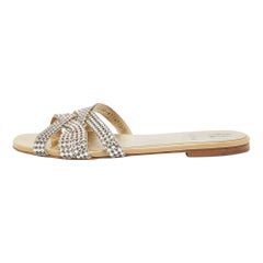 Gina Beige/Silver Crystal Embellished Leather Flat Slides Size 40.5