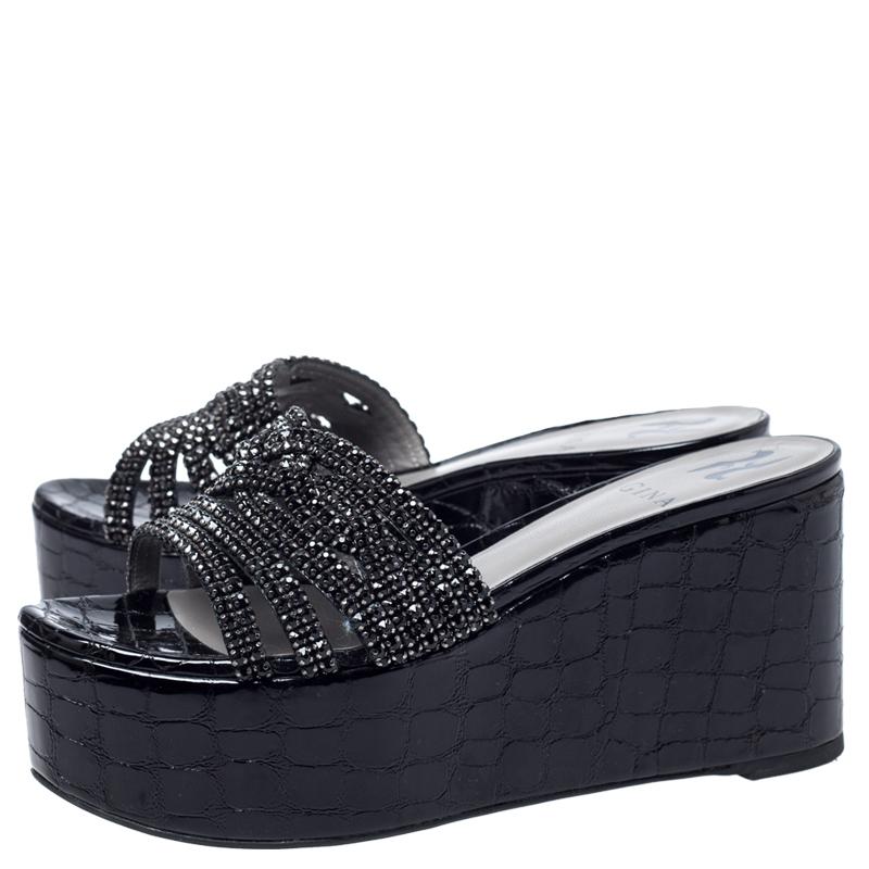 Gina Black Croc Embossed Leather Embellished Wedge Platform Sandals Size 37.5 3