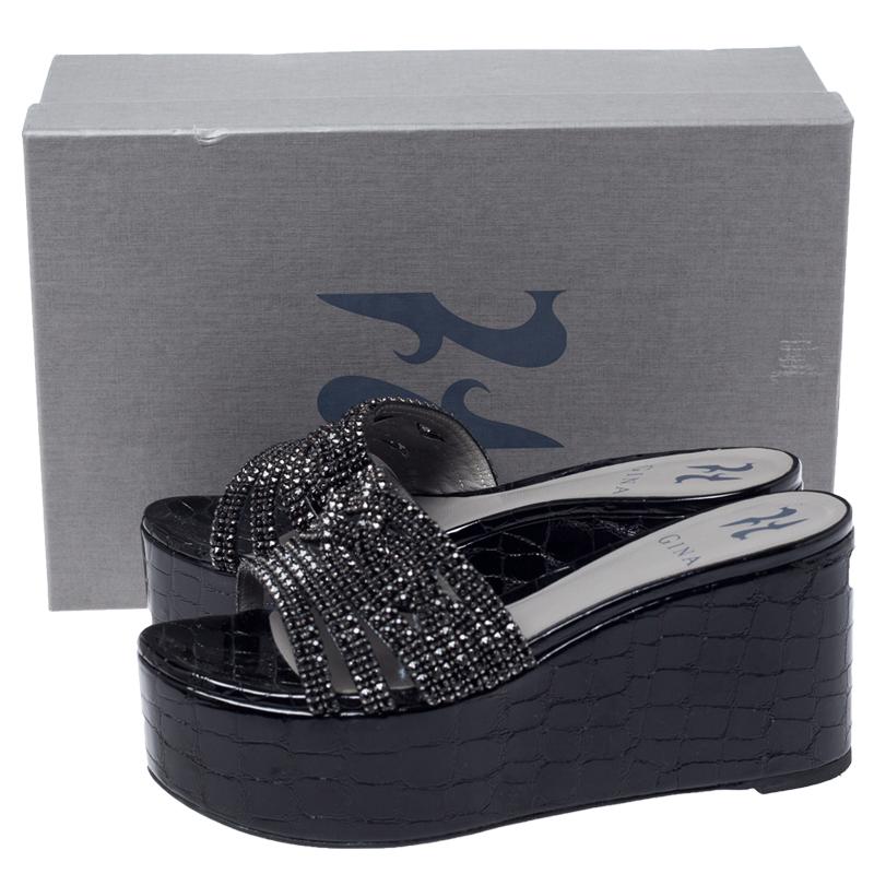 Gina Black Croc Embossed Leather Embellished Wedge Platform Sandals Size 37.5 4