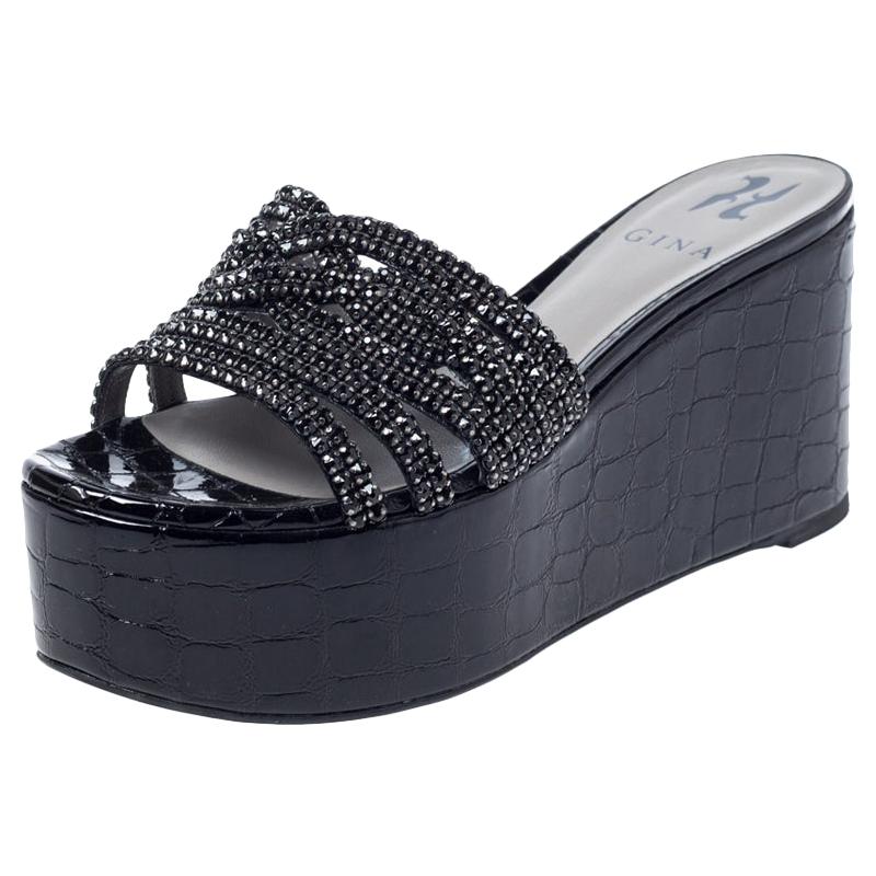 Gina Black Croc Embossed Leather Embellished Wedge Platform Sandals Size 37.5