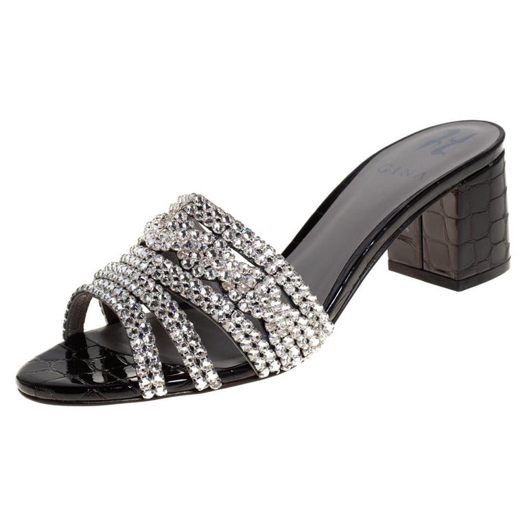 Gina Black Croc Embossed Patent Leather Crystal Embellished Sandals Size  38.5 at 1stDibs