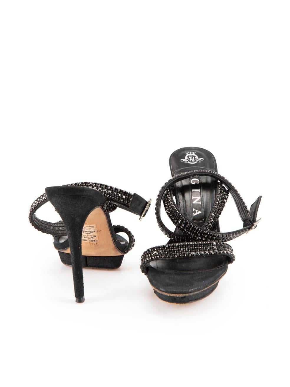 Gina Black Crystal Embellish Platform Sandals Size UK 5 In Excellent Condition For Sale In London, GB