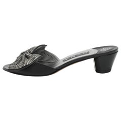 Gina Black Crystal Embellished Leather Bow Slide Sandals Size 38.5