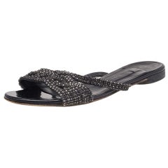 Gina Black Crystal Embellished Leather Flat Slides Size 37.5