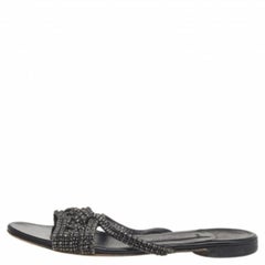 Gina Black Crystal Embellished Leather Flat Slides Size 37.5