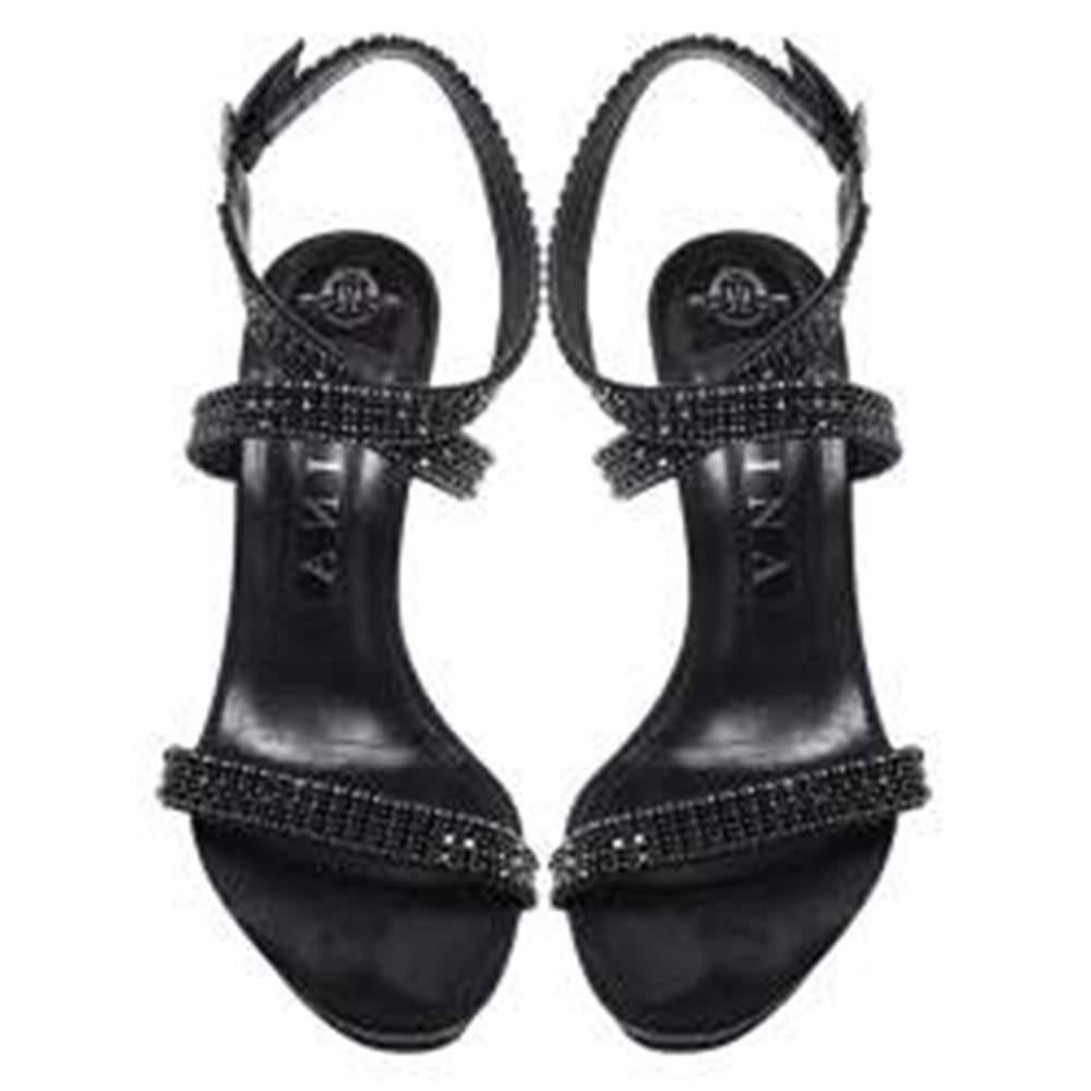 Gina Black Crystal Embellished Leather Opn Toe Cross Ankle Strap Sandals Size 38 In Good Condition In Dubai, Al Qouz 2