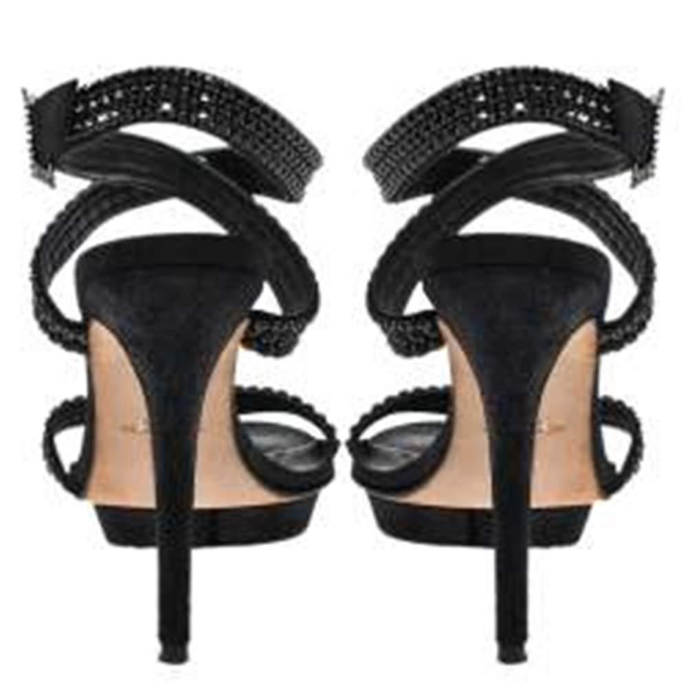 Women's Gina Black Crystal Embellished Leather Opn Toe Cross Ankle Strap Sandals Size 38