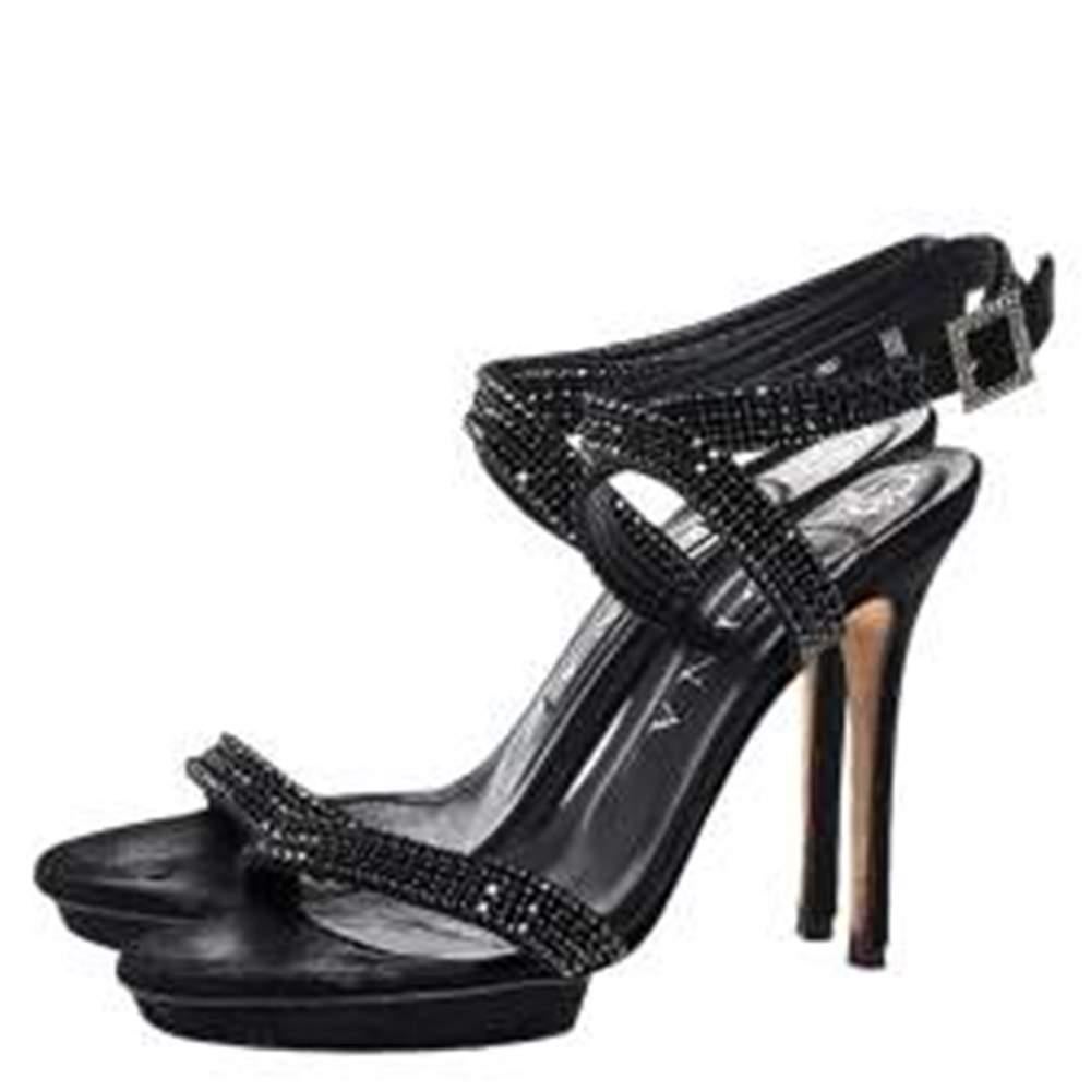 Gina Black Crystal Embellished Leather Opn Toe Cross Ankle Strap Sandals Size 38 1