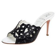 Gina Black Crystal Embellished Leather Slide Sandals Size 37