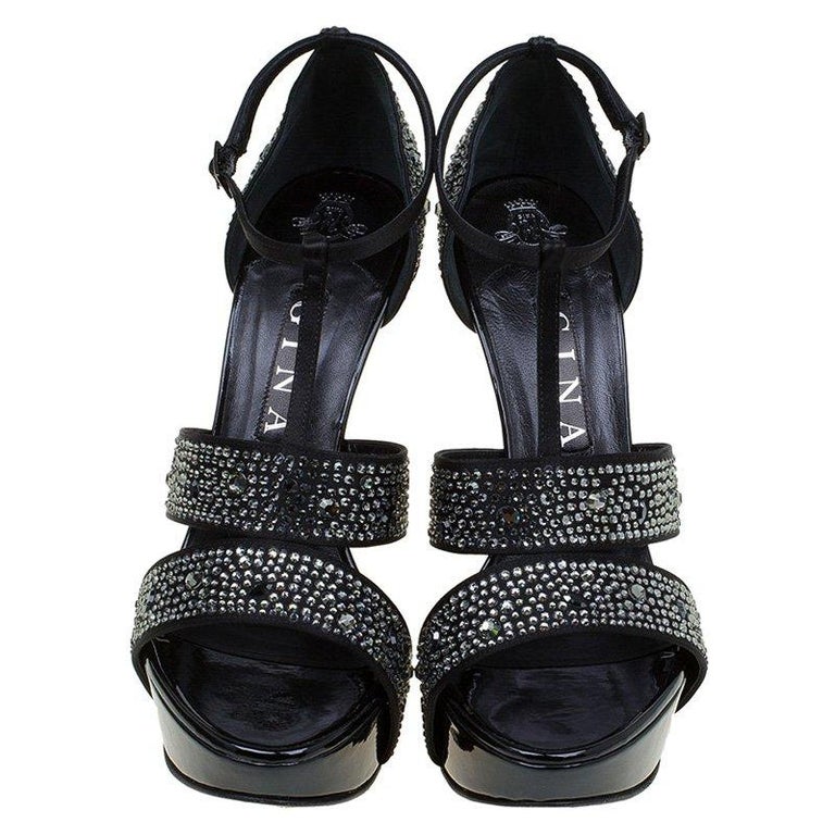 Gina Black Crystal Embellished Leather T Strap Platform Sandals Size 38 ...