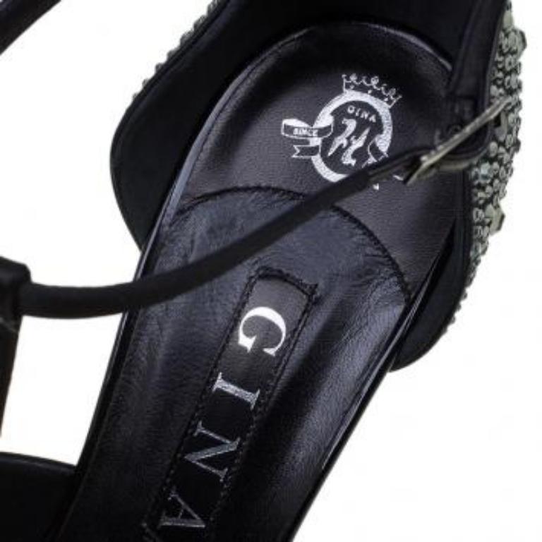 Gina Schwarze Plateausandalen aus Leder mit Kristallverzierung und T-Riemen Größe 38 Damen im Angebot