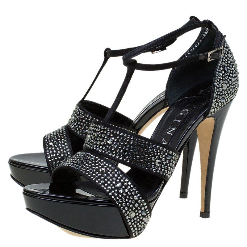Women's Gina Black Crystal Embellished Leather T Strap Platform Sandals Size 38