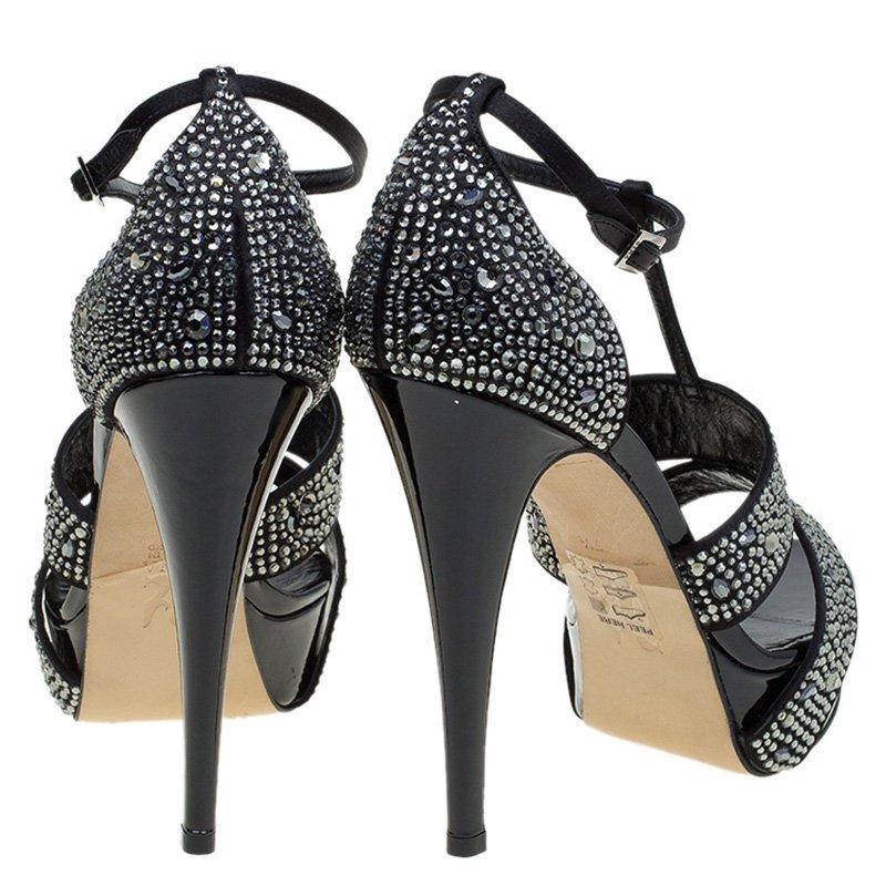 Gina Black Crystal Embellished Leather T Strap Platform Sandals Size 38 1