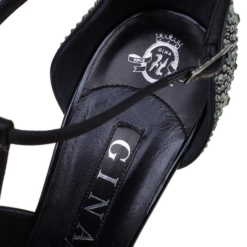 Gina Black Crystal Embellished Leather T Strap Platform Sandals Size 38 For Sale 1