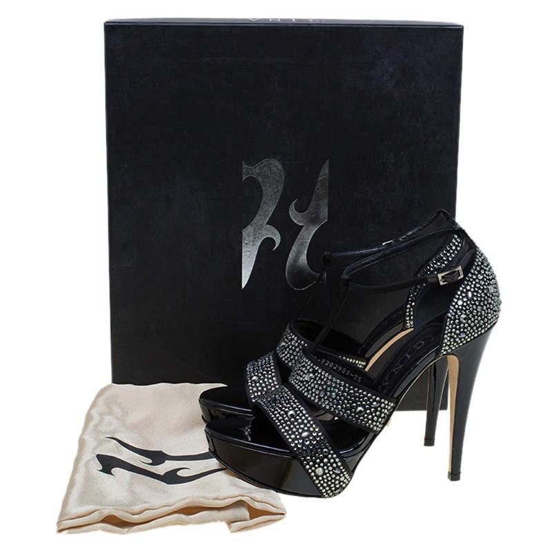 Gina Black Crystal Embellished Leather T Strap Platform Sandals Size 38 For Sale 2