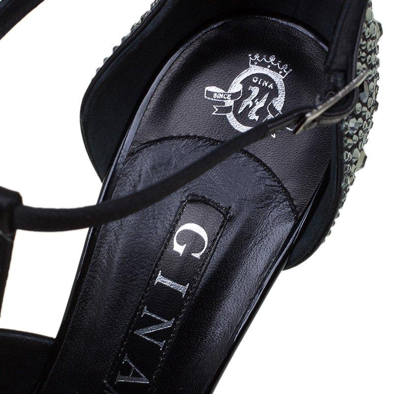 Gina Black Crystal Embellished Leather T Strap Platform Sandals Size 38 3
