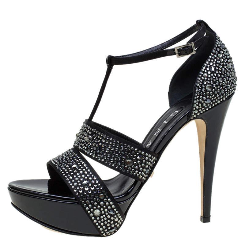 Gina Black Crystal Embellished Leather T Strap Platform Sandals Size 38 For Sale 3