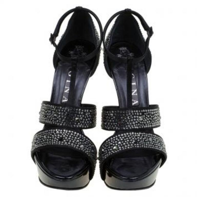 Gina Schwarze Plateausandalen aus Leder mit Kristallverzierung und T-Riemen Größe 38 im Angebot 4