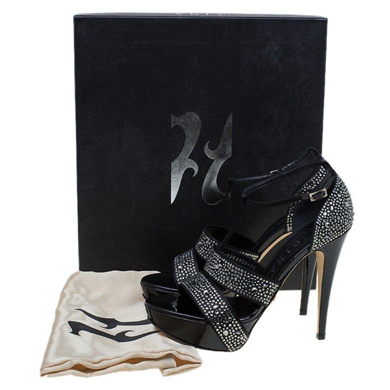 Gina Black Crystal Embellished Leather T Strap Platform Sandals Size 38 4